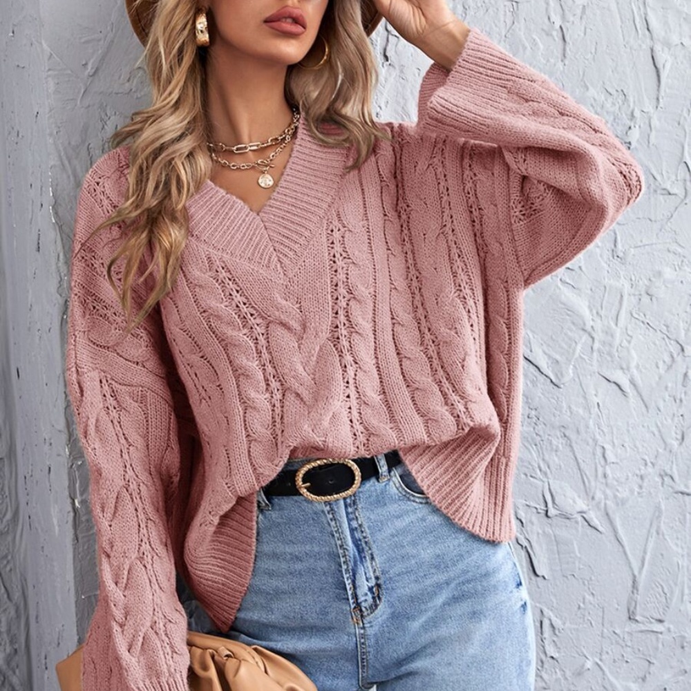 V neck Chunky Knit Cable Oversized Sweater Pink - Picture 1 of 14